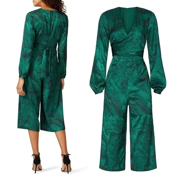 HUTCH 70s Satin Wrap Tie Cutout Front Long Sleeve Wide Leg Ankle Crop Jumpsuit 4 - Picture 6 of 10